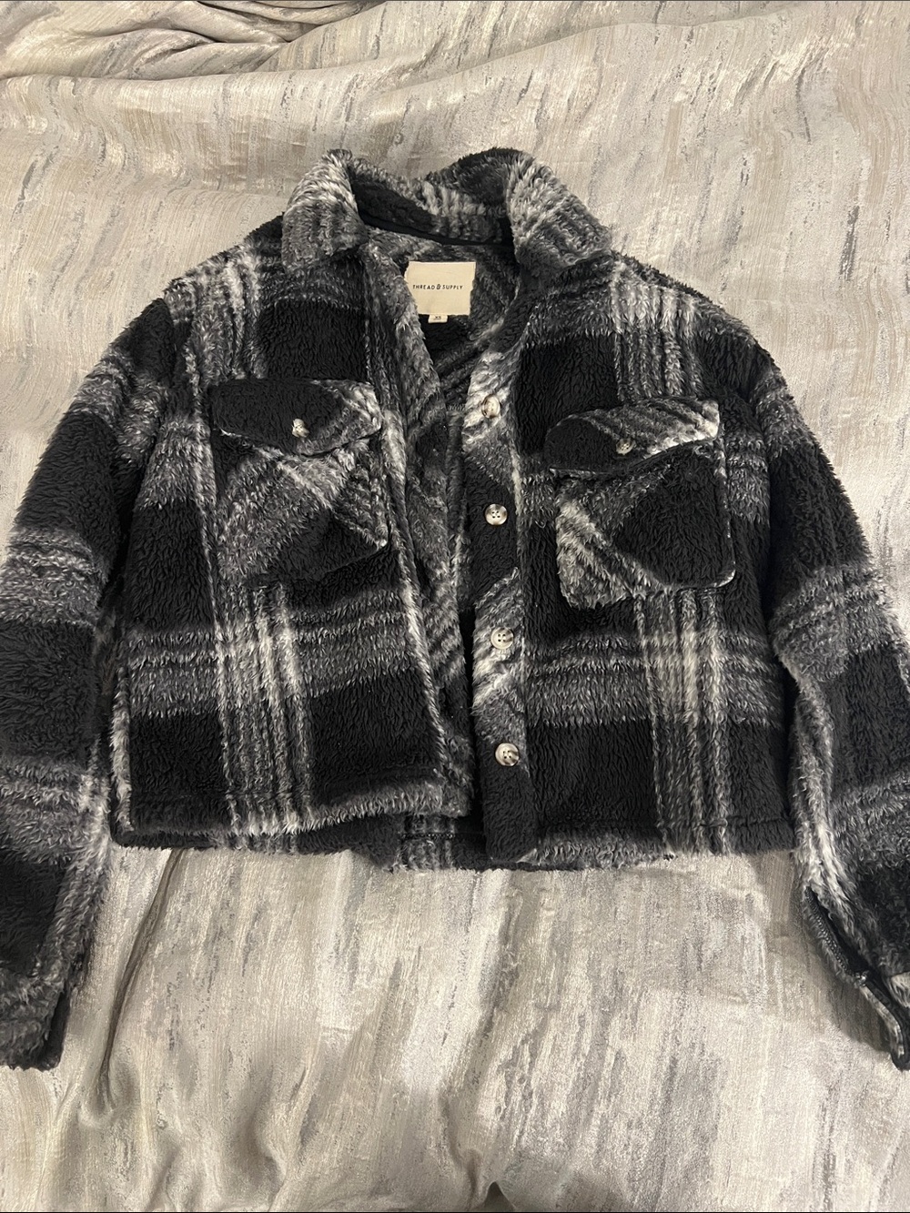 Thread & Supply Black & Gray Plaid Teddy Jacket